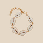 Bracelet with Cowrie Shells on a gold chain against a white background