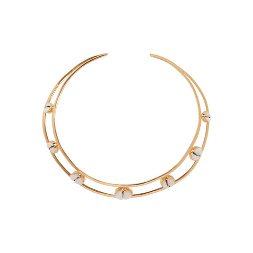 Gold and shell collar necklace on a white background