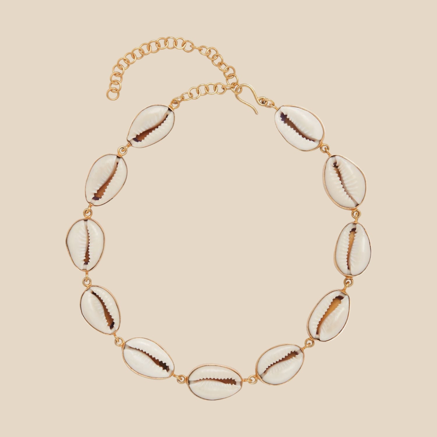 Necklace with cowries shells and gold on a white background
