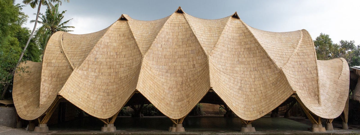 Modern  bamboo architectural structure with curved, beige roof design in a natural setting.