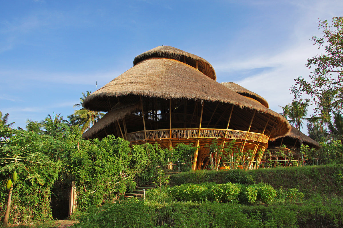 Bamboo building with a thatched roof surrounded by greenery under a blue sky.