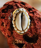 Gold ring with a shell design on a red coral background