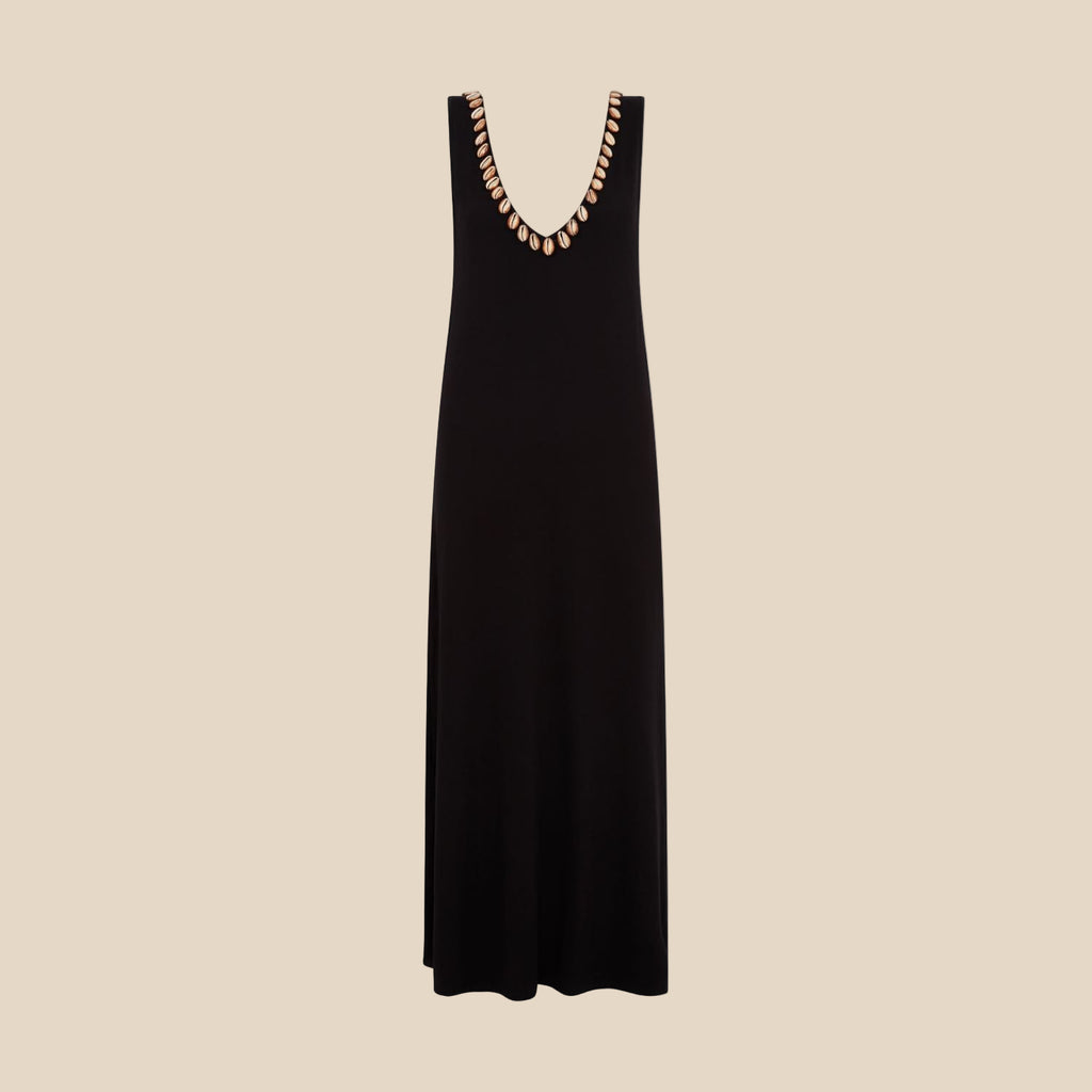 Black sleeveless dress with decorative shells on a white background