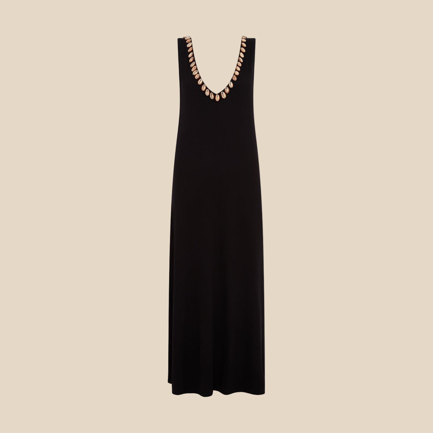 Black sleeveless dress with decorative shells on a white background