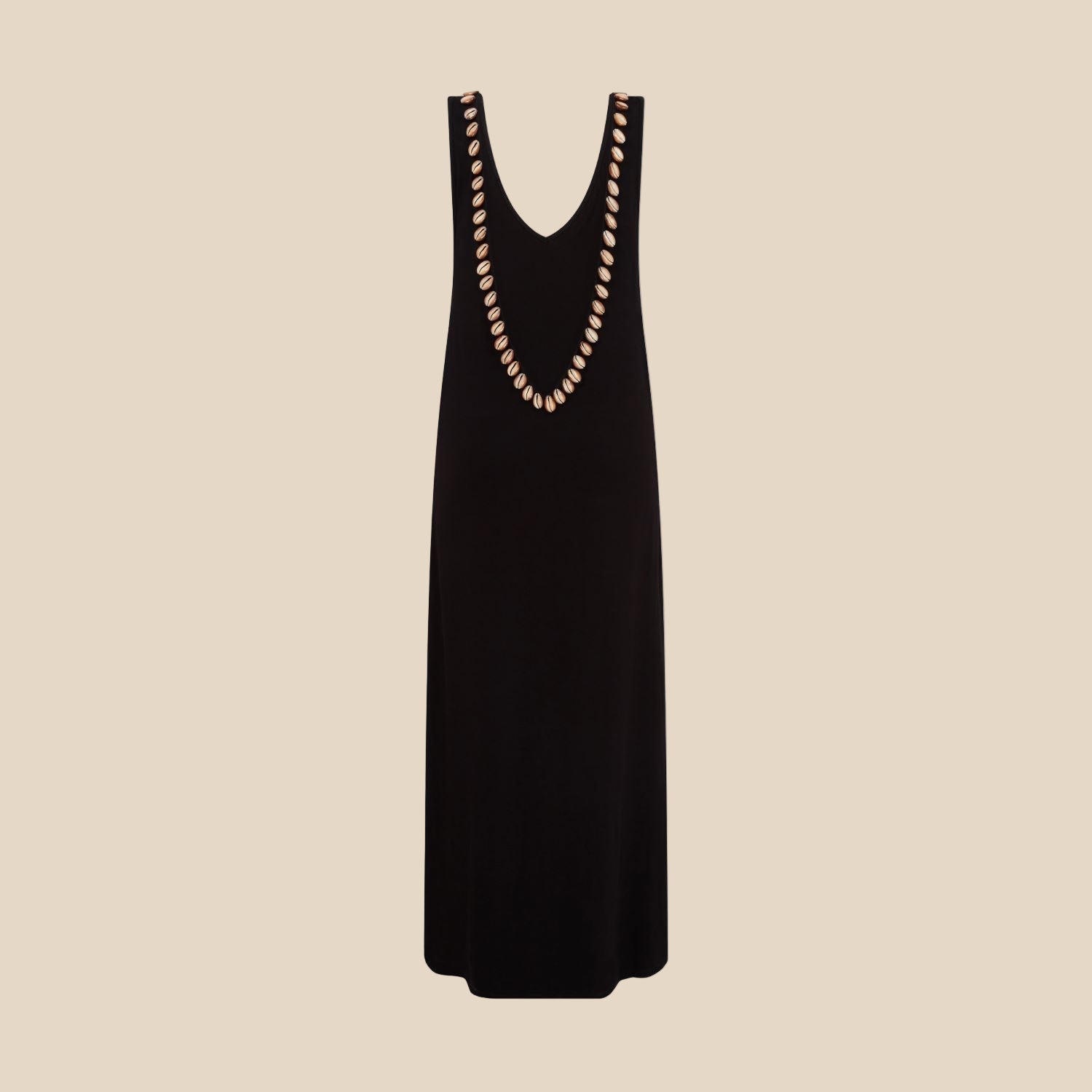 Black sleeveless dress with brown shell detail on a white background