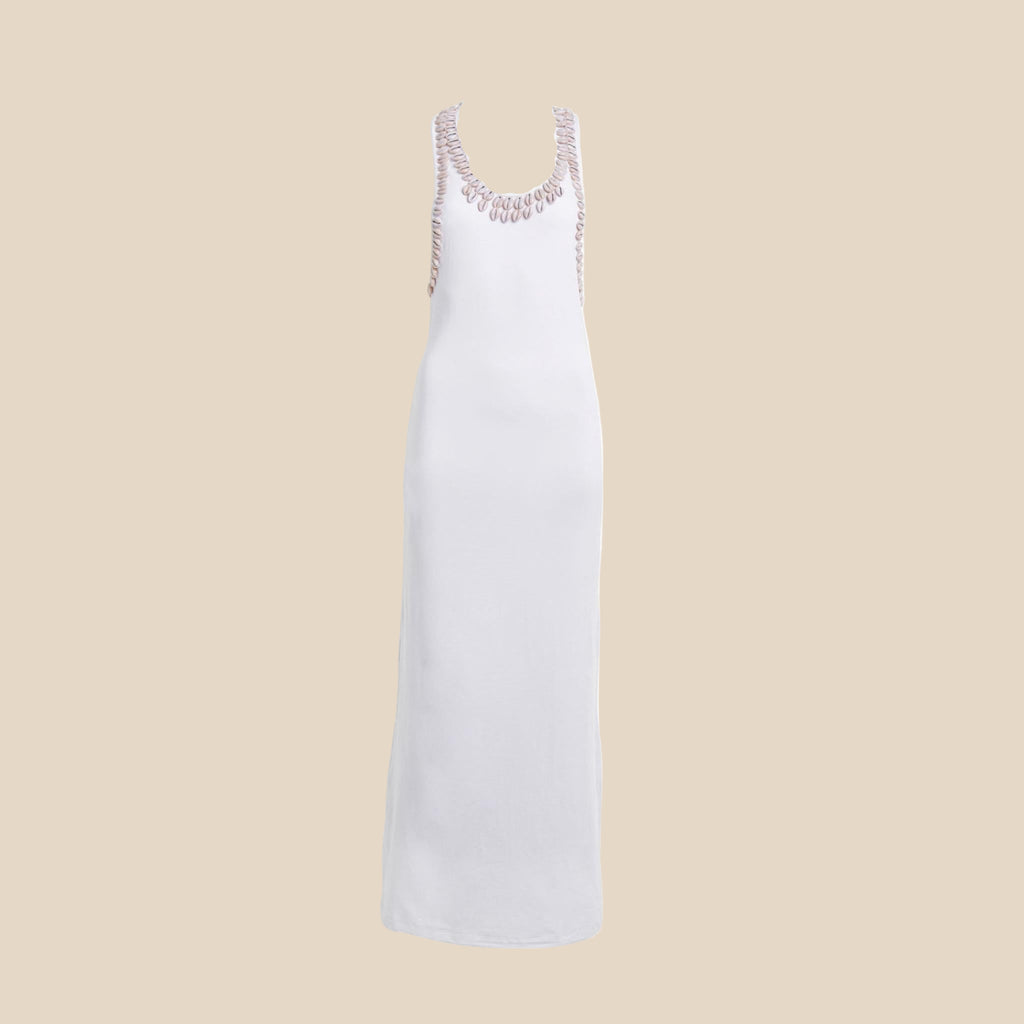White dress with cowrie shell  neckline on a white background