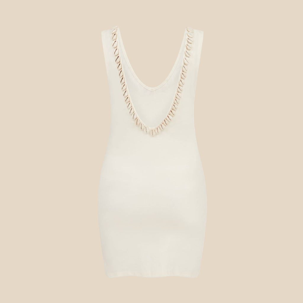Low back short cream cowrie shell dress product image