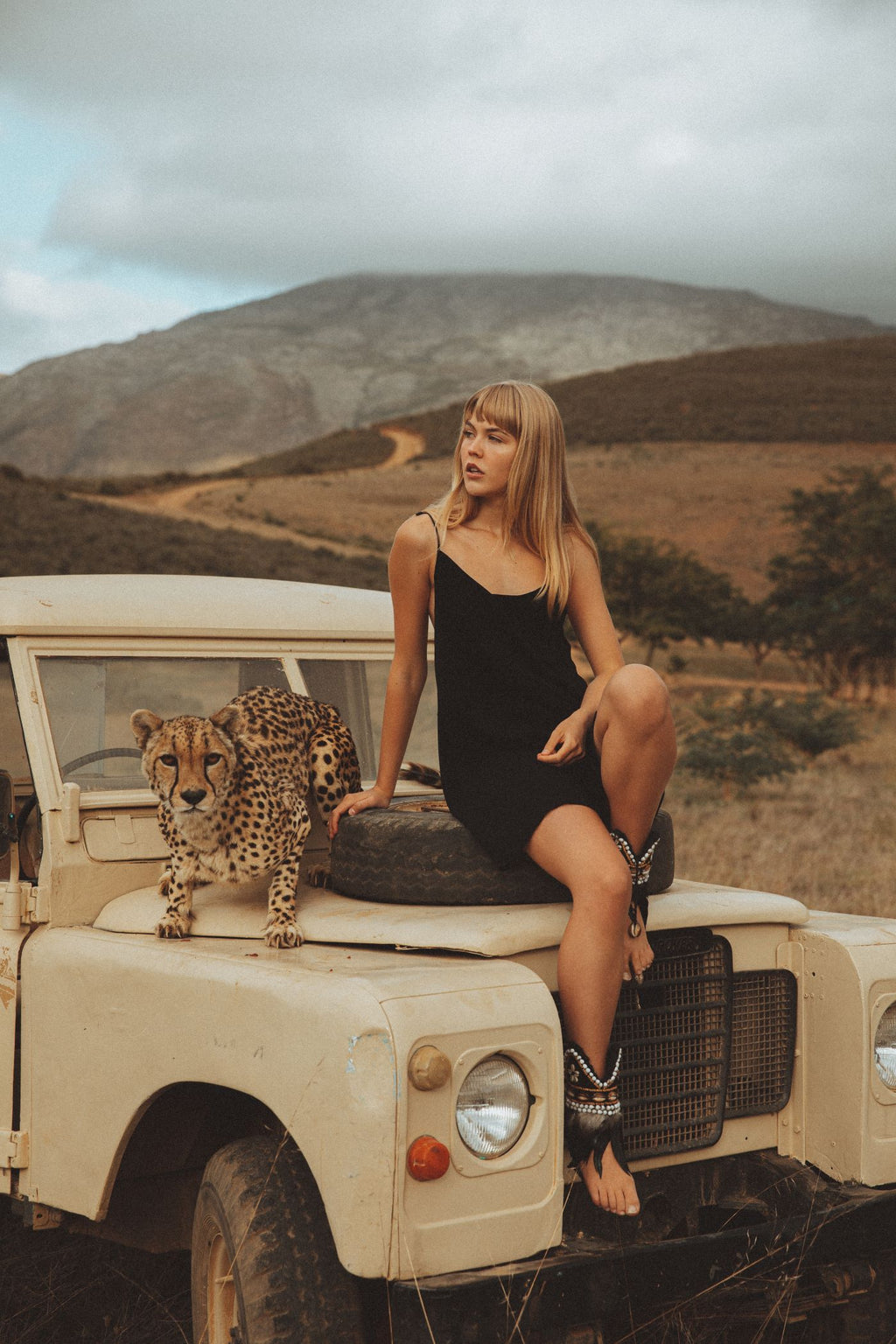Woman in a black dress sitting on an off-road vehicle with a cheetah on a scenic background